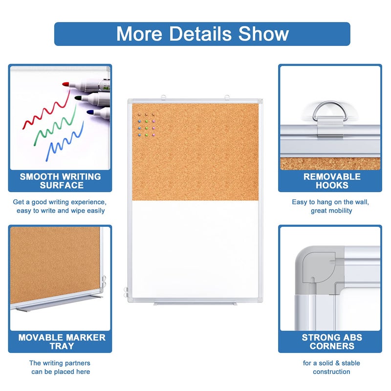 Tripollo لوحة بيضاء مغناطيسية ولوحة فلين مدمجة، 36 × 24 بوصة، لوحة إعلانات بيضاء مثبتة على الحائط، لوحة رسائل قابلة للمسح الجاف للمنزل والمدرسة والمكتب - Image 4